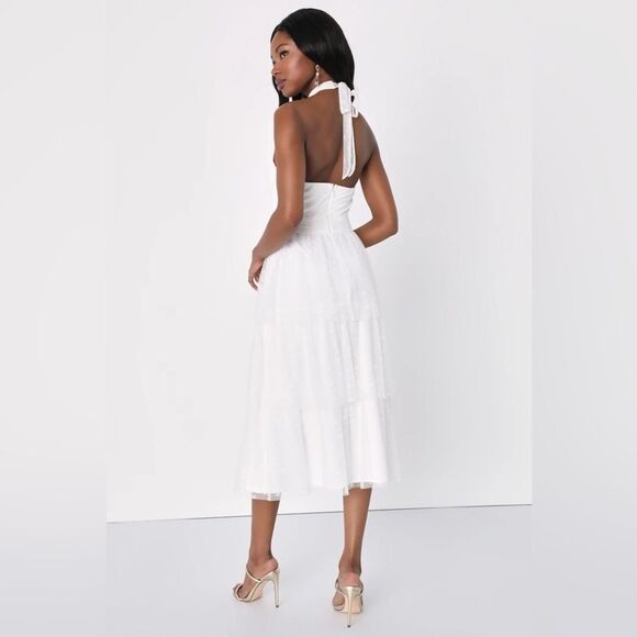 NWT Lulus Positively Precious White Floral Mesh Tiered Halter Midi Dress - Picture 8 of 8